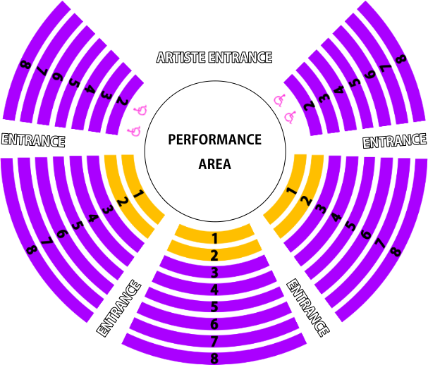 Circus Cortex seating plan, front 2 rows gold vip, rest of seating purple standard seating.