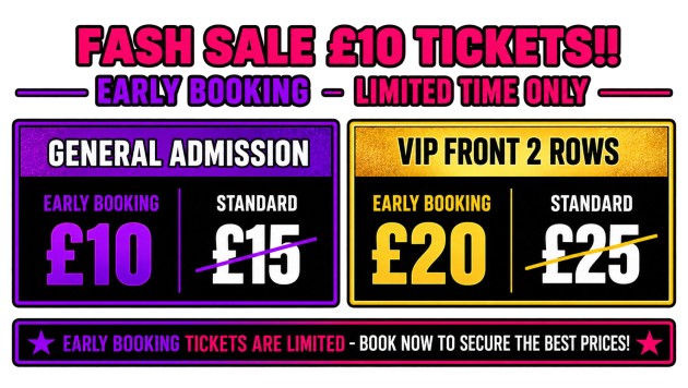 CorteXXX St Neots early booking ticket prices, £10 General Admission and £20 VIP Front 2 Rows